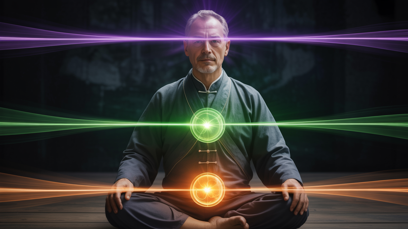 Muškarac srednjih godina u taoističkoj meditaciji sa tri svetleća centra — donji dan tien, srednji dan tien i gornji dan tien. Zadržavanje semena i balans čakri kroz meditaciju i kontrolu životne energije