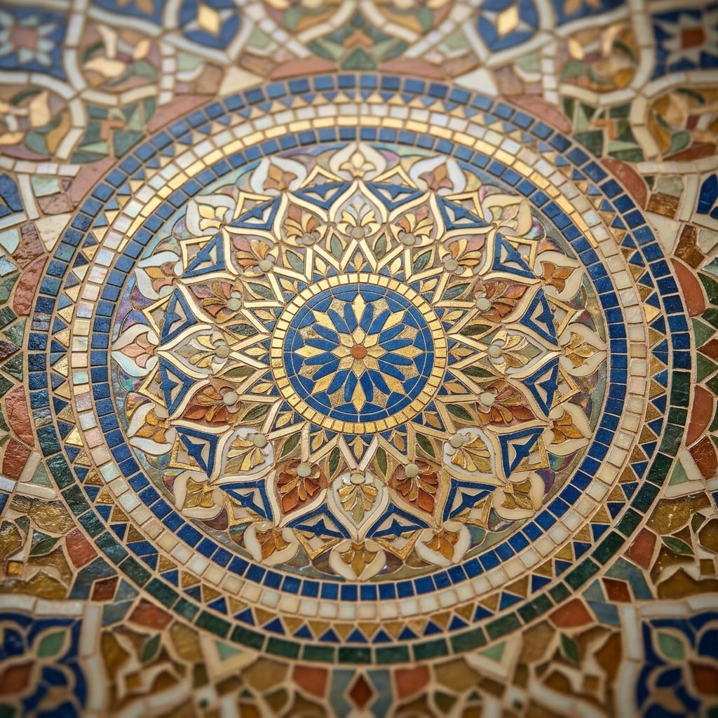 Detailed close-up of intricate tile medallion pattern installation