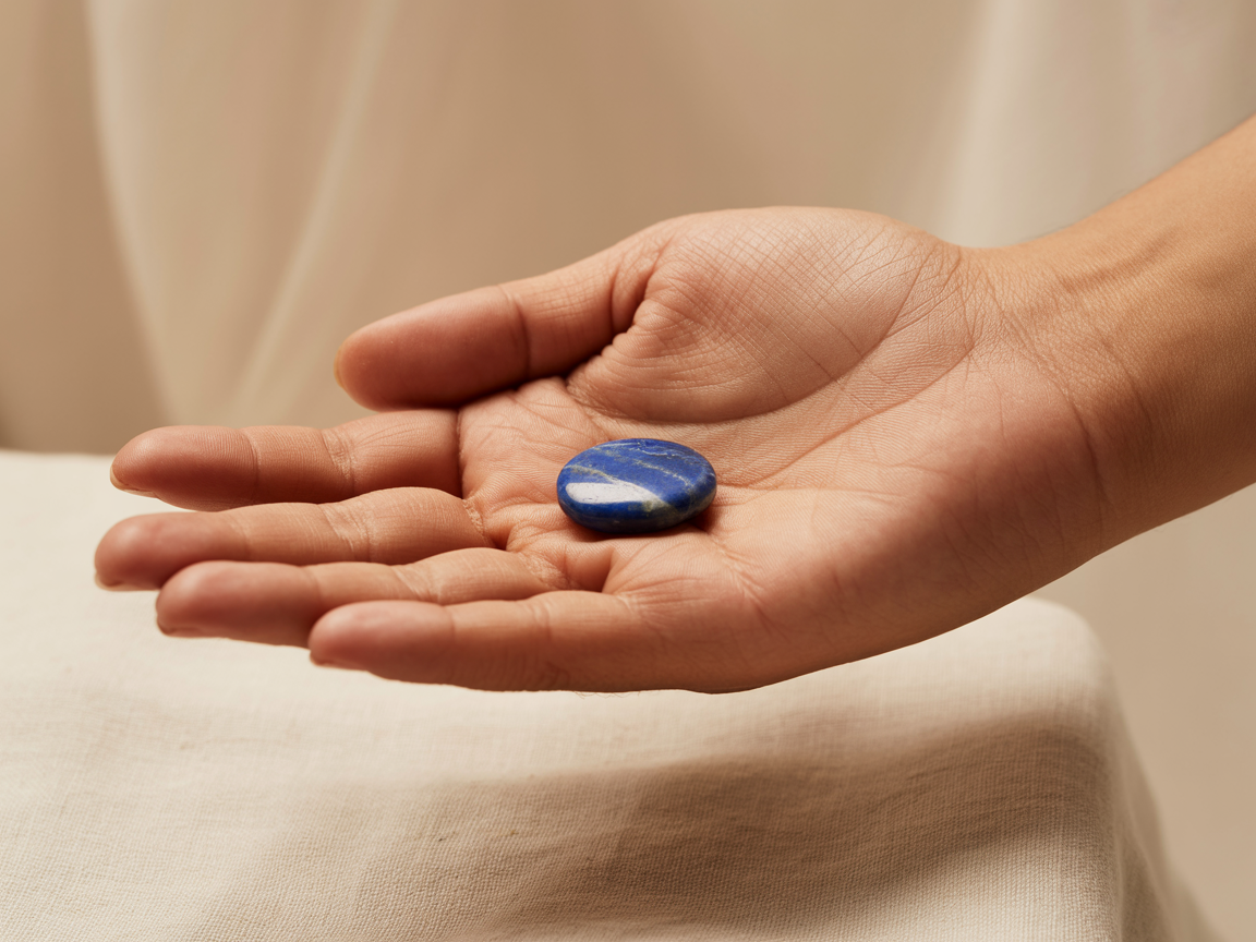 Ein kleiner blauer Gedenkstein in einer offenen Hand