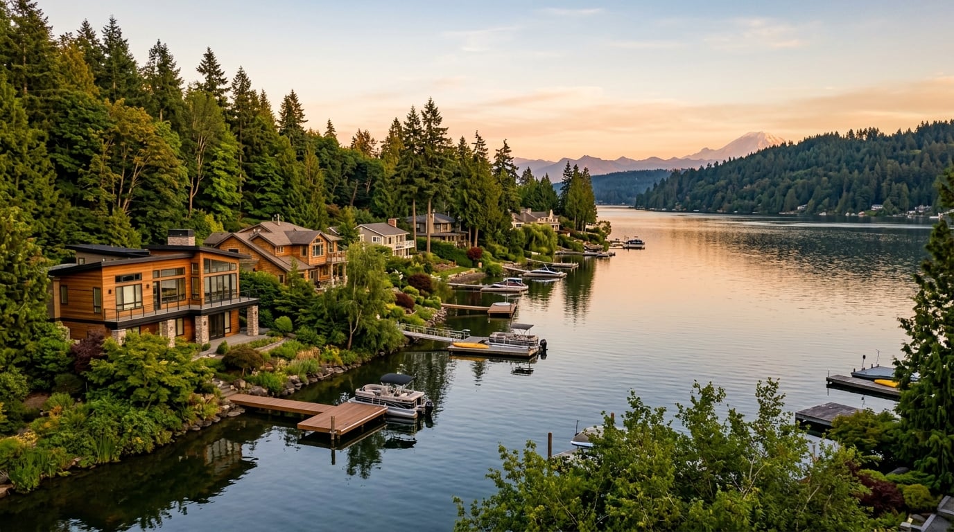 Waterfront homes at the north end of Lake Washington in Kenmore and Lake Forest Park, an affordable option for Google Kirkland employees