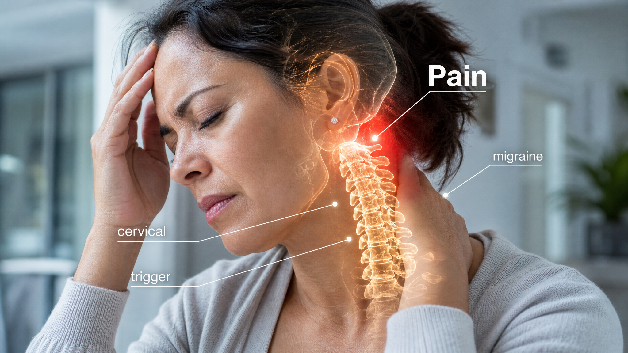 A mature woman in a bright room with one hand at her temple and one at her neck, the cervical spine glowing warm amber rising toward the skull