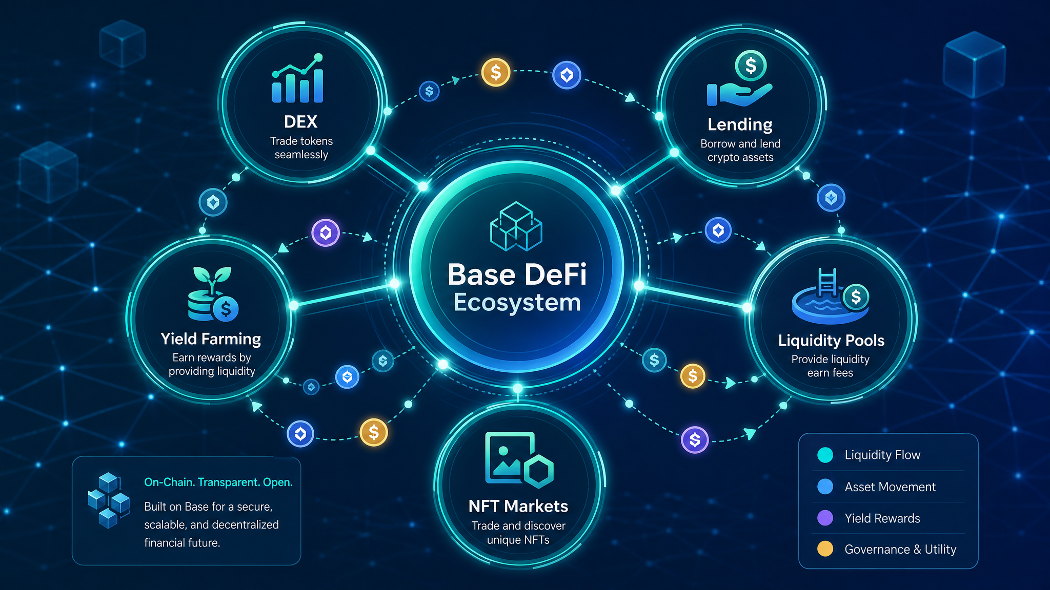 Coinbase Base DeFi ecosystem showing DEX, lending, and yield farming protocols in 2026