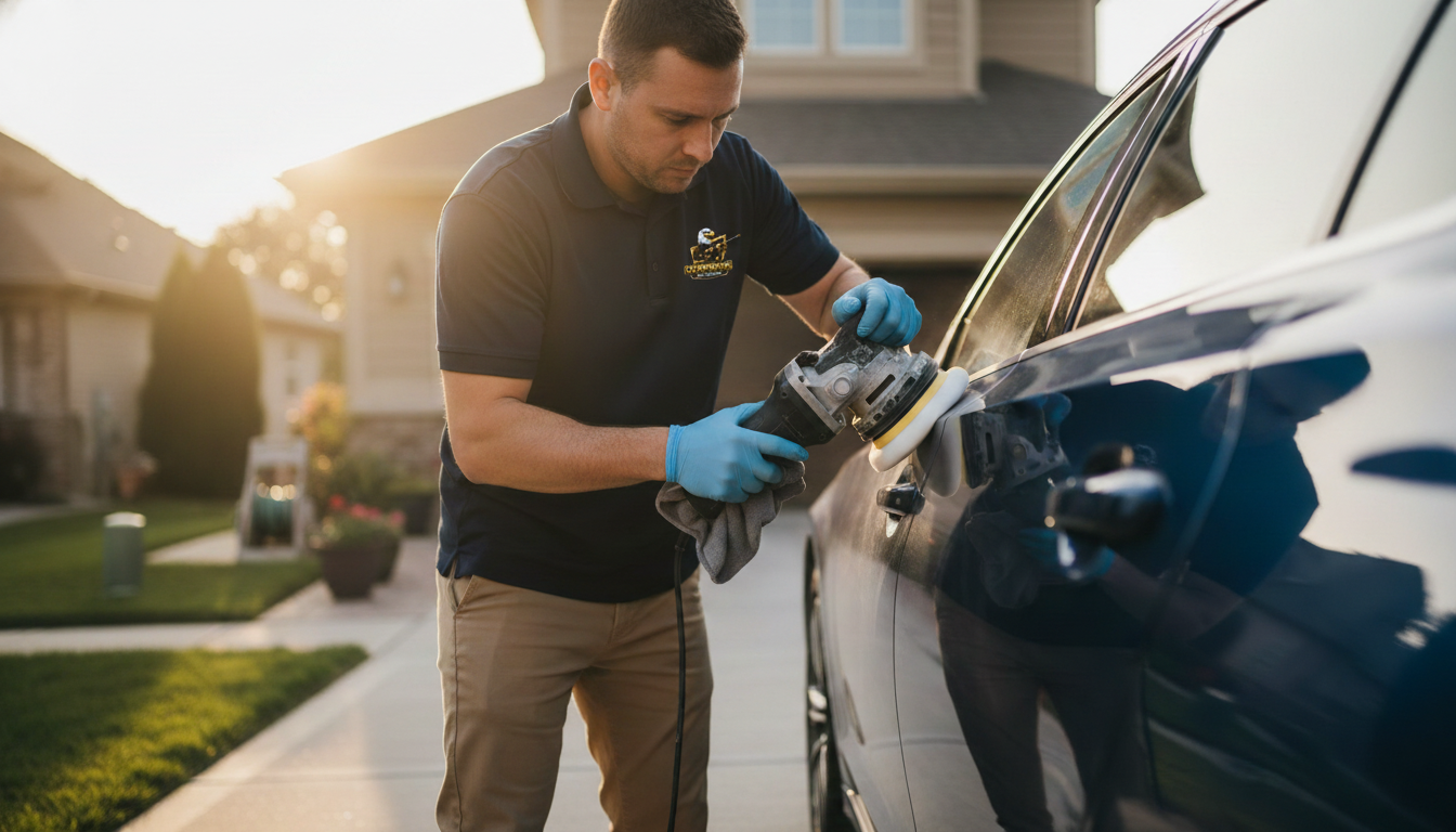 Professional detailer polishing a sedan with Dominion Detailers logo on uniform