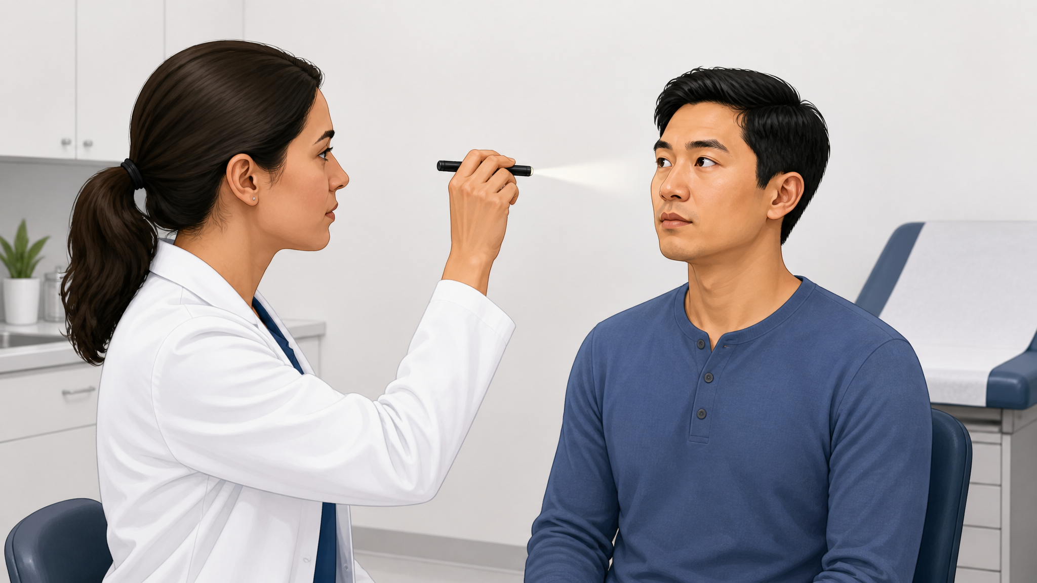 Illustration of a clinician using a penlight to check a seated patient’s eye movements
