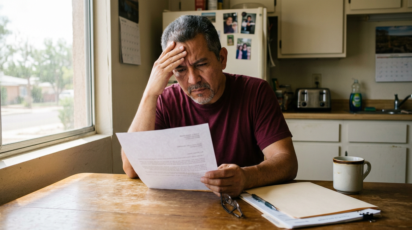 Veteran at his kitchen table reading an exam scheduling letter with his completed medical form folder beside him