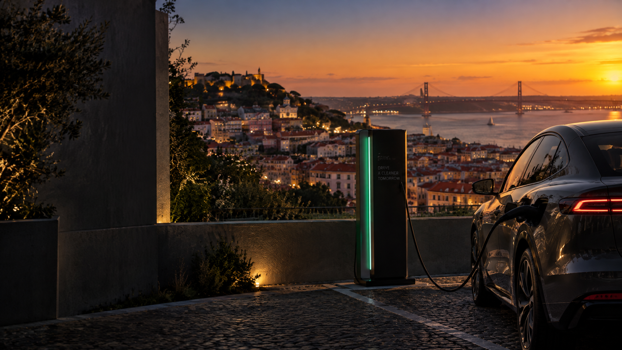 Carro elétrico a carregar ao pôr do sol em Lisboa
