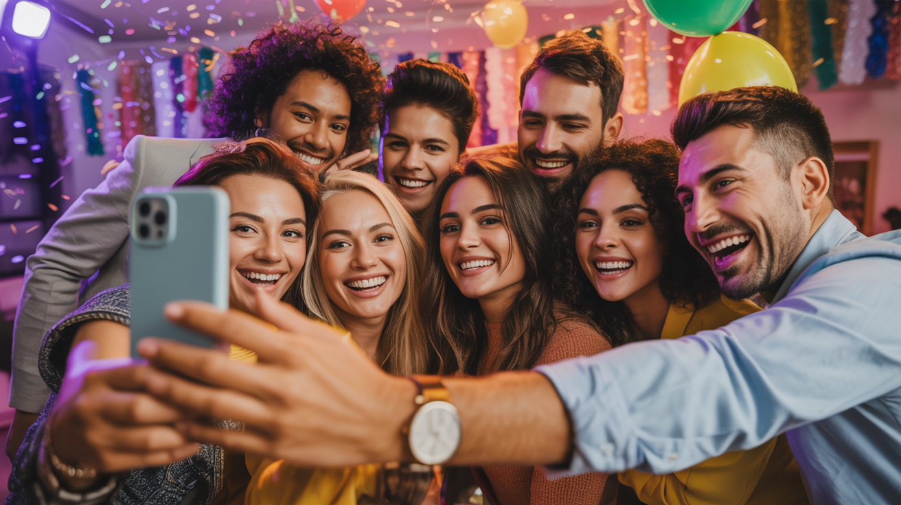 Friends taking group selfie at party