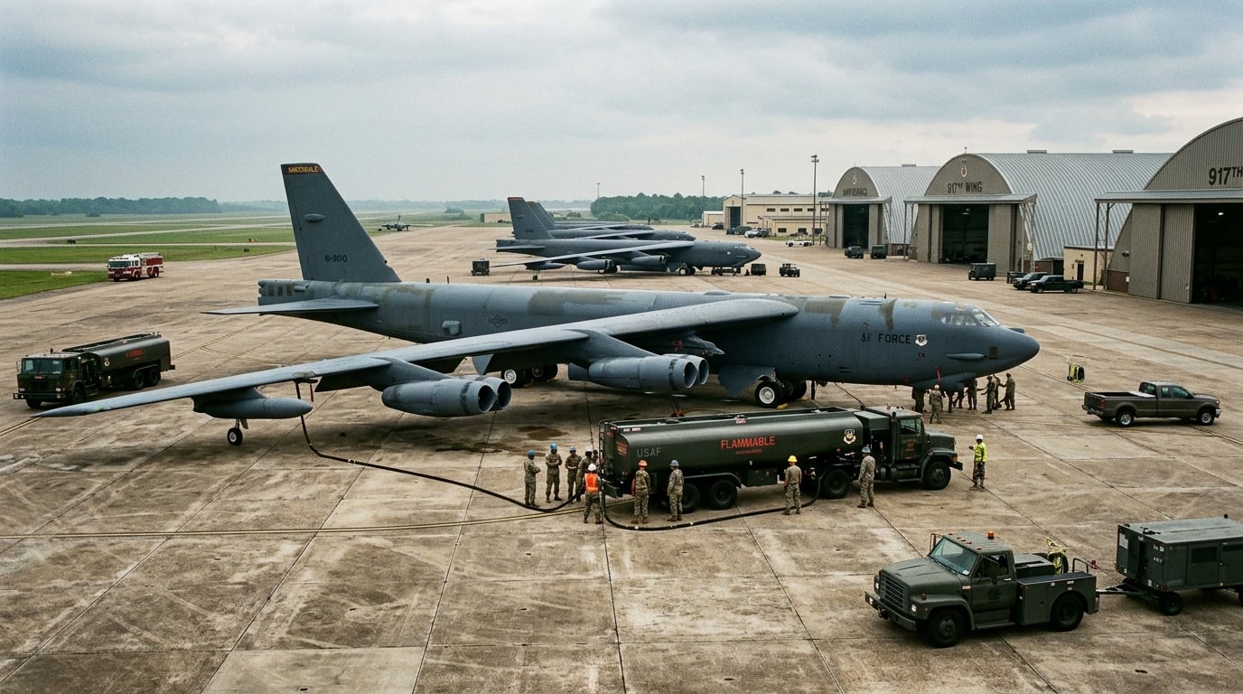 Barksdale Air Force Base, Louisiana — B-52 bombers and fuel infrastructure on flight line