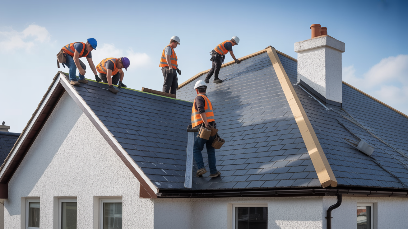 Professional roofers installing slate tiles on Irish house