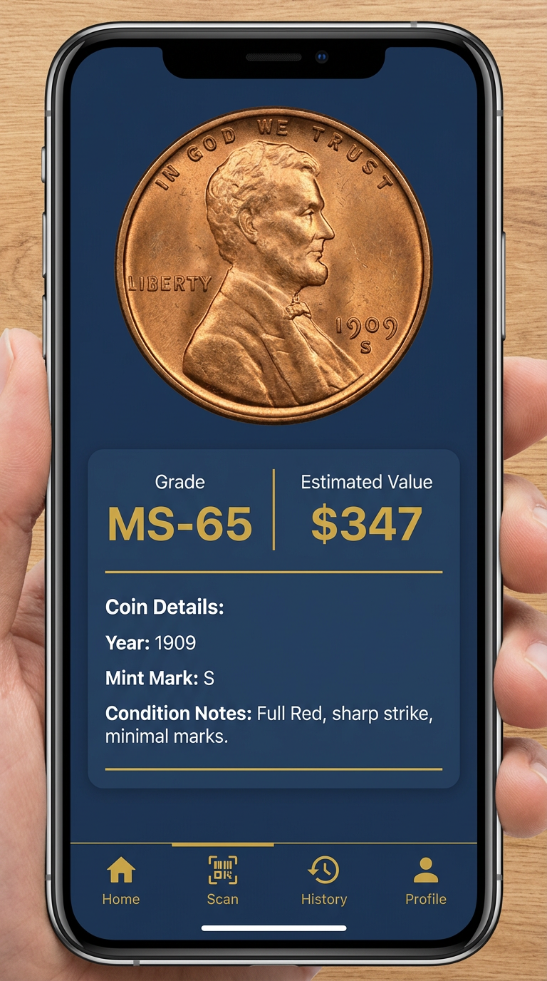 CoinSensei grading results screen displaying MS-65 grade and $347 estimated value for a graded coin