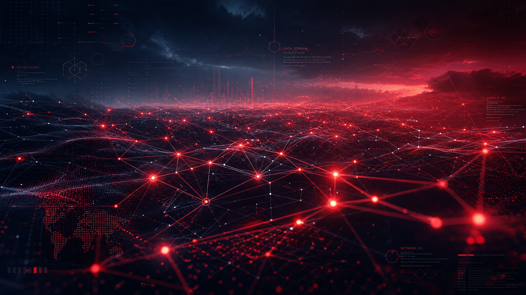 Abstract futuristic technology landscape with neural network connections in crimson and slate