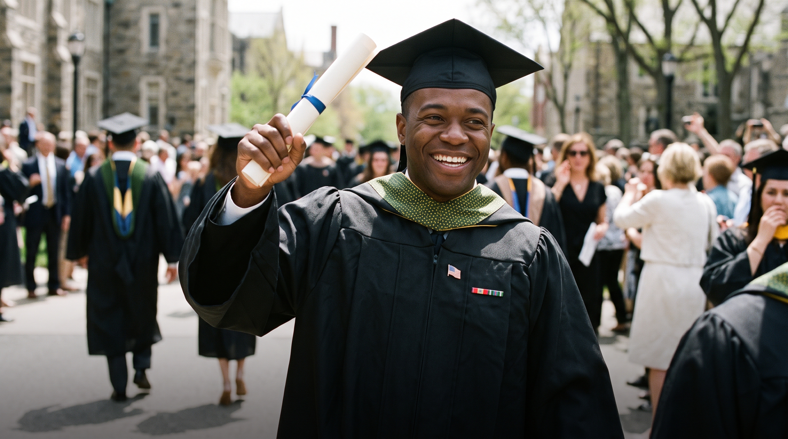 A veteran in a cap and gown holding a diploma at graduation