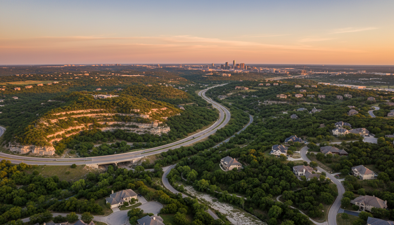 Aerial view of Northwest Austin Hill Country and greenbelts at sunset