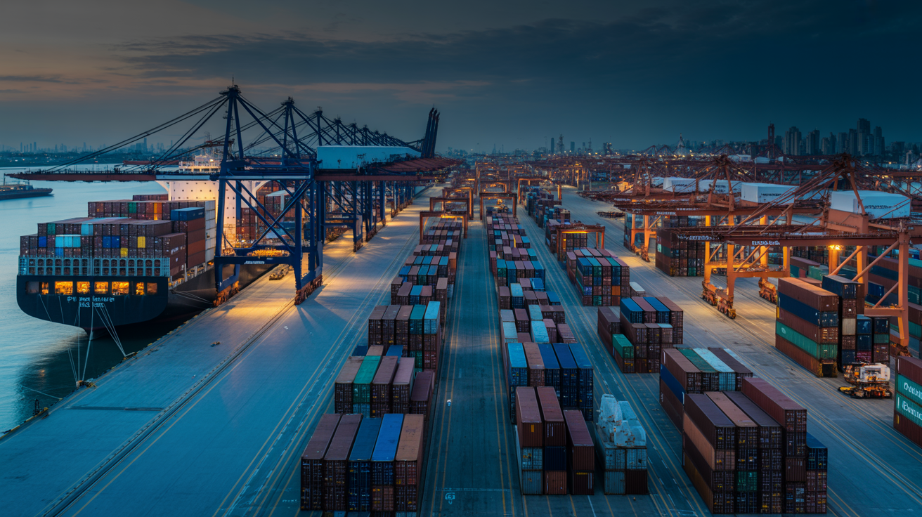 Global shipping port with cargo containers representing polymer trade routes