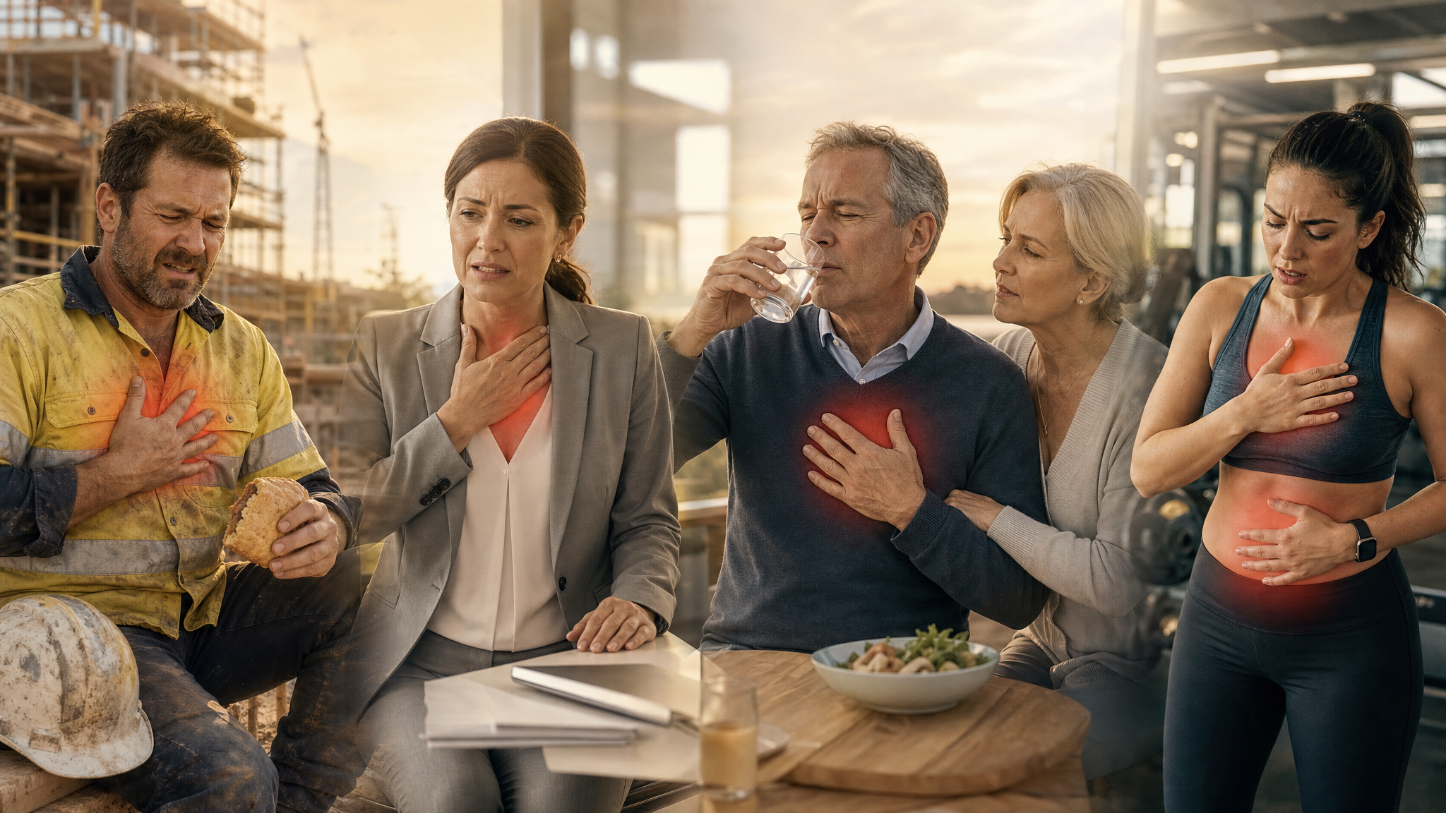 Everyday Australians experiencing acid reflux and heartburn — a tradesman on a work break, a businesswoman at her desk, an older couple at the dinner table and a woman at the gym, blended into one continuous scene