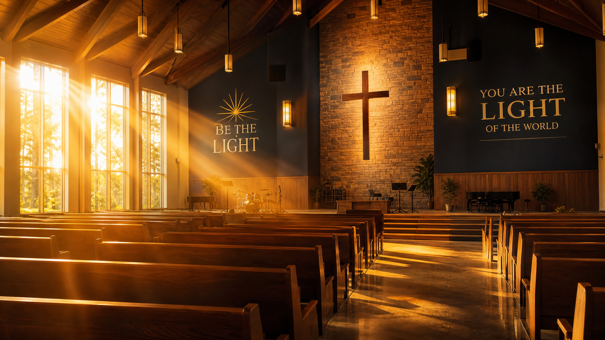 Turning Point Church warm worship space with golden light in Scottsburg Indiana
