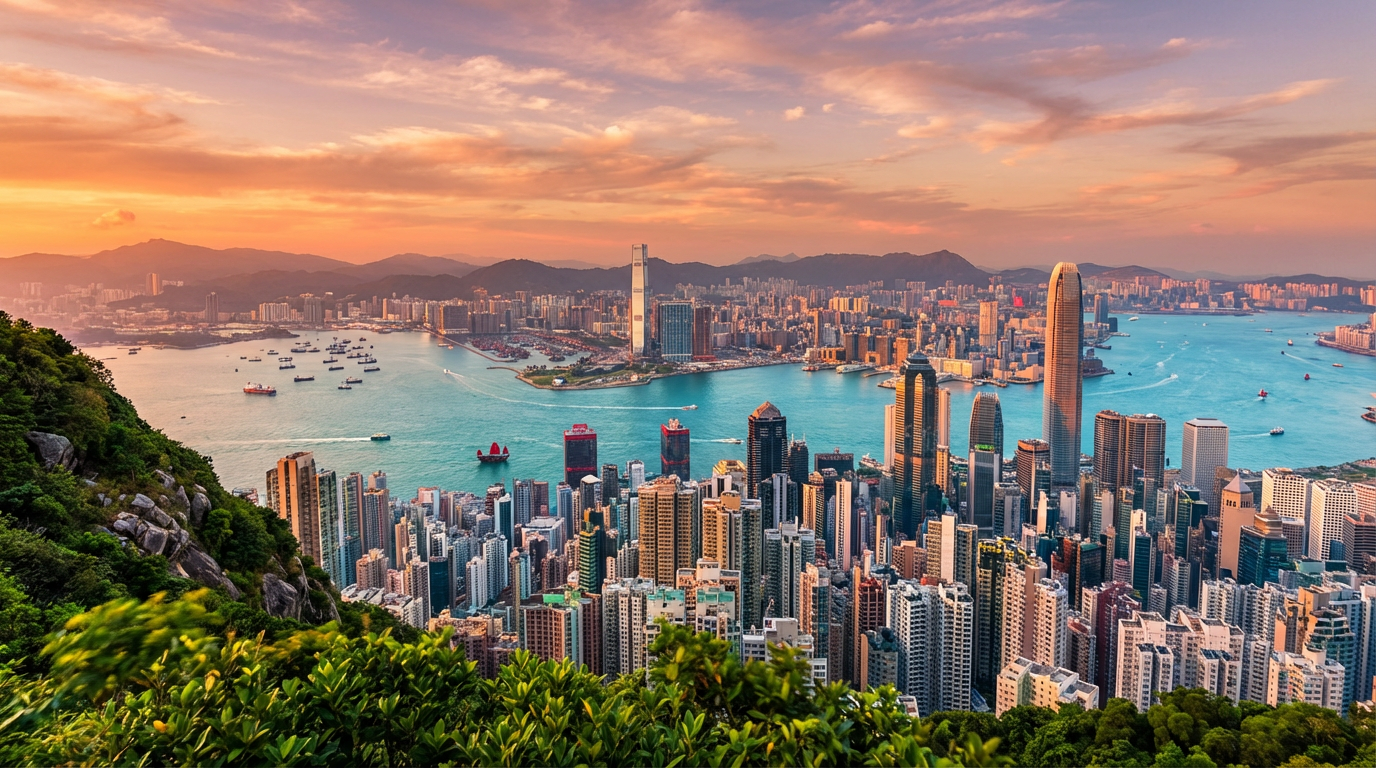 Victoria Harbor Hong Kong skyline at dusk