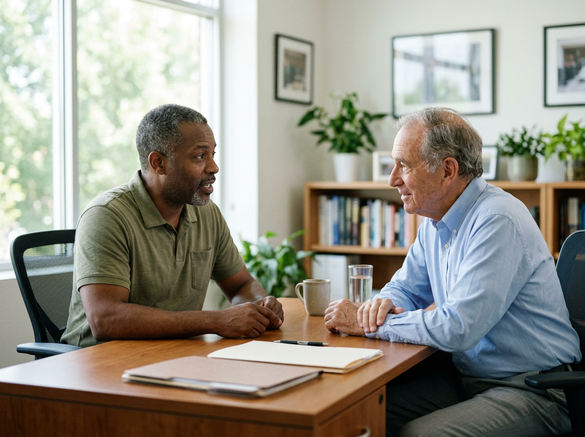 Older white male counselor at a desk speaking with a Black male veteran about the daily and occupational impact of his hypertension