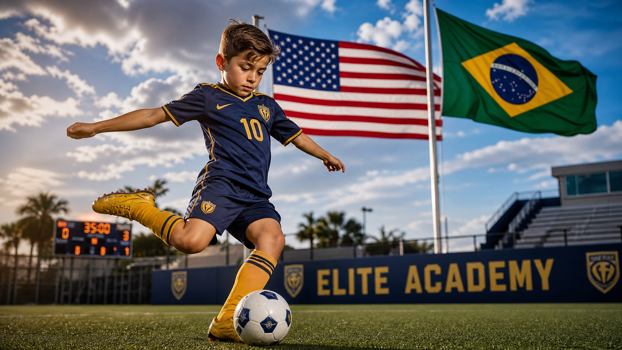 Young soccer player in action with American and Brazilian flags