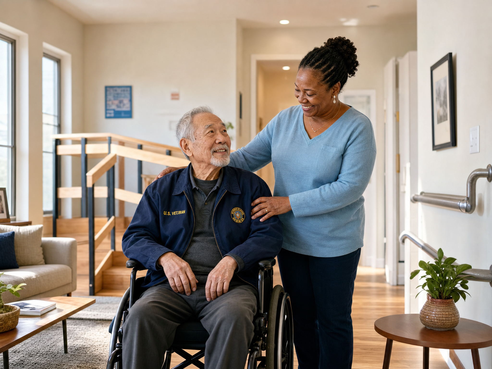 A senior Asian veteran using a wheelchair at home, supported by a caregiver, living independently