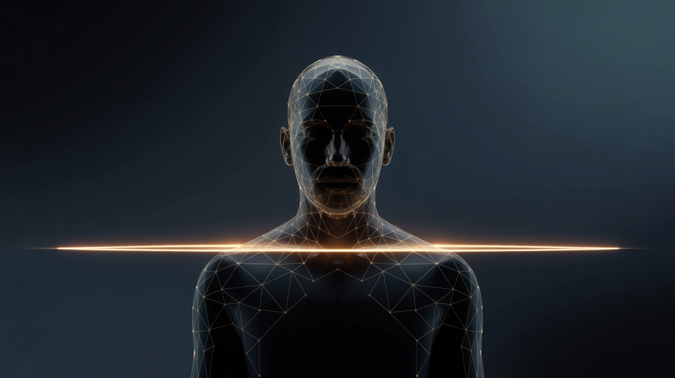 Dignified human silhouette with an elegant external golden network, protected by a radiant gold threshold line on deep navy background – symbolizes the ethical boundary between assistive and invasive technology