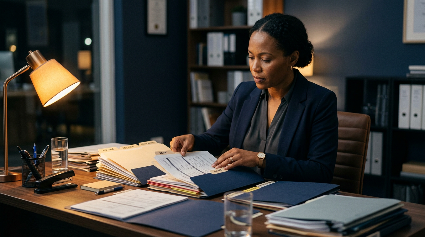 An advocate assembling and organizing medical records and evidence for a VA claim