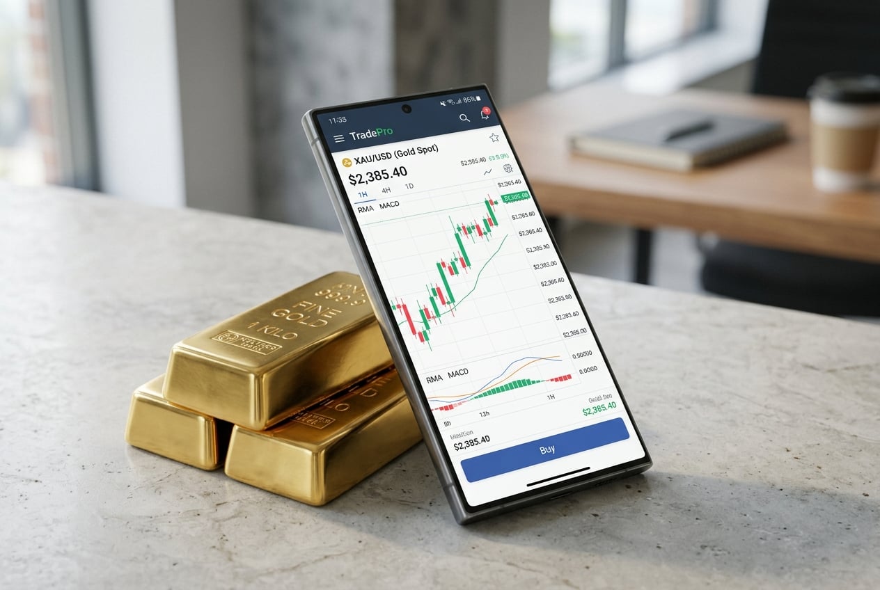 Modern smartphone displaying gold trading charts beside gold bars