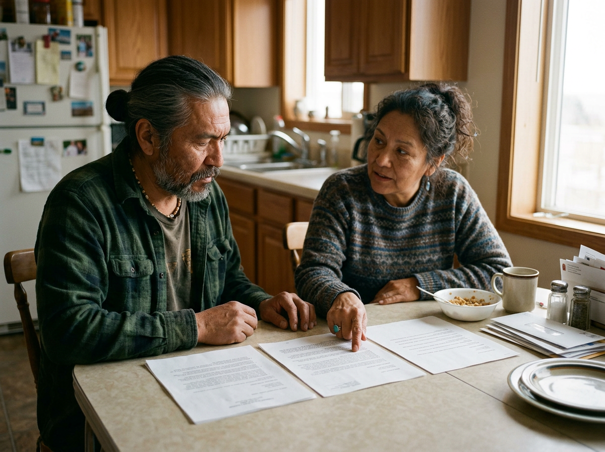 Veteran couple at a kitchen table comparing three service options on paper