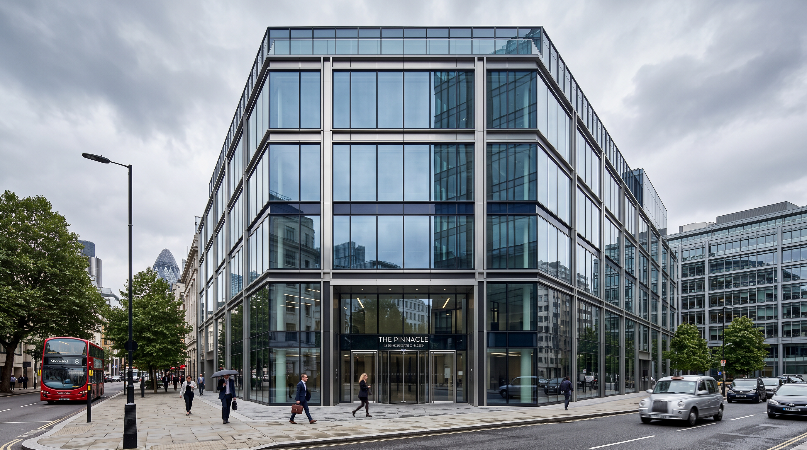 Modern UK commercial office building exterior in a business district