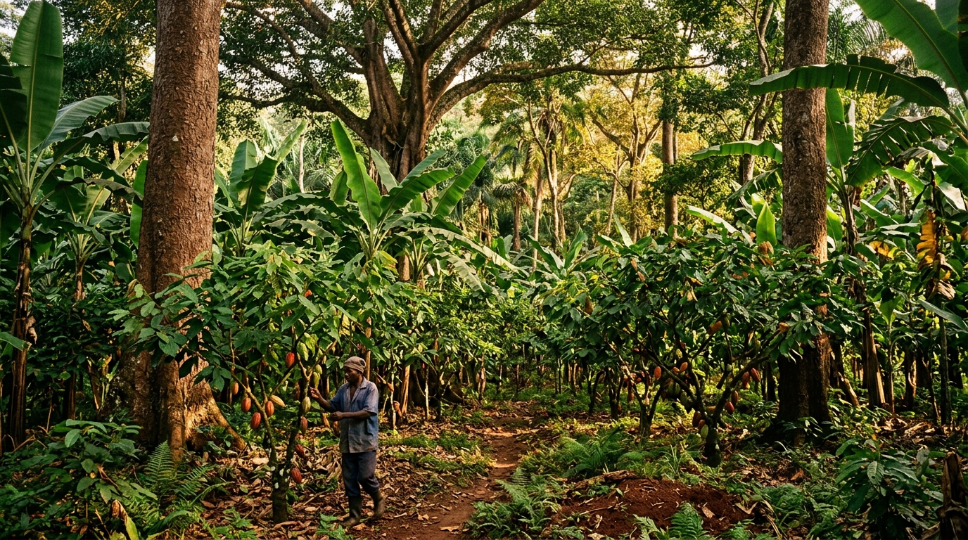Weiter Agroforst-Garten in Uganda mit Mutuba-Bäumen, Kakao und Bananen im warmen Morgenlicht