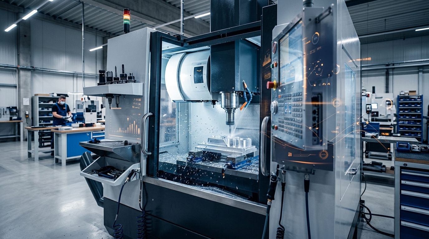 CNC machine running in a modern shop with an abstract performance and efficiency gauge overlay