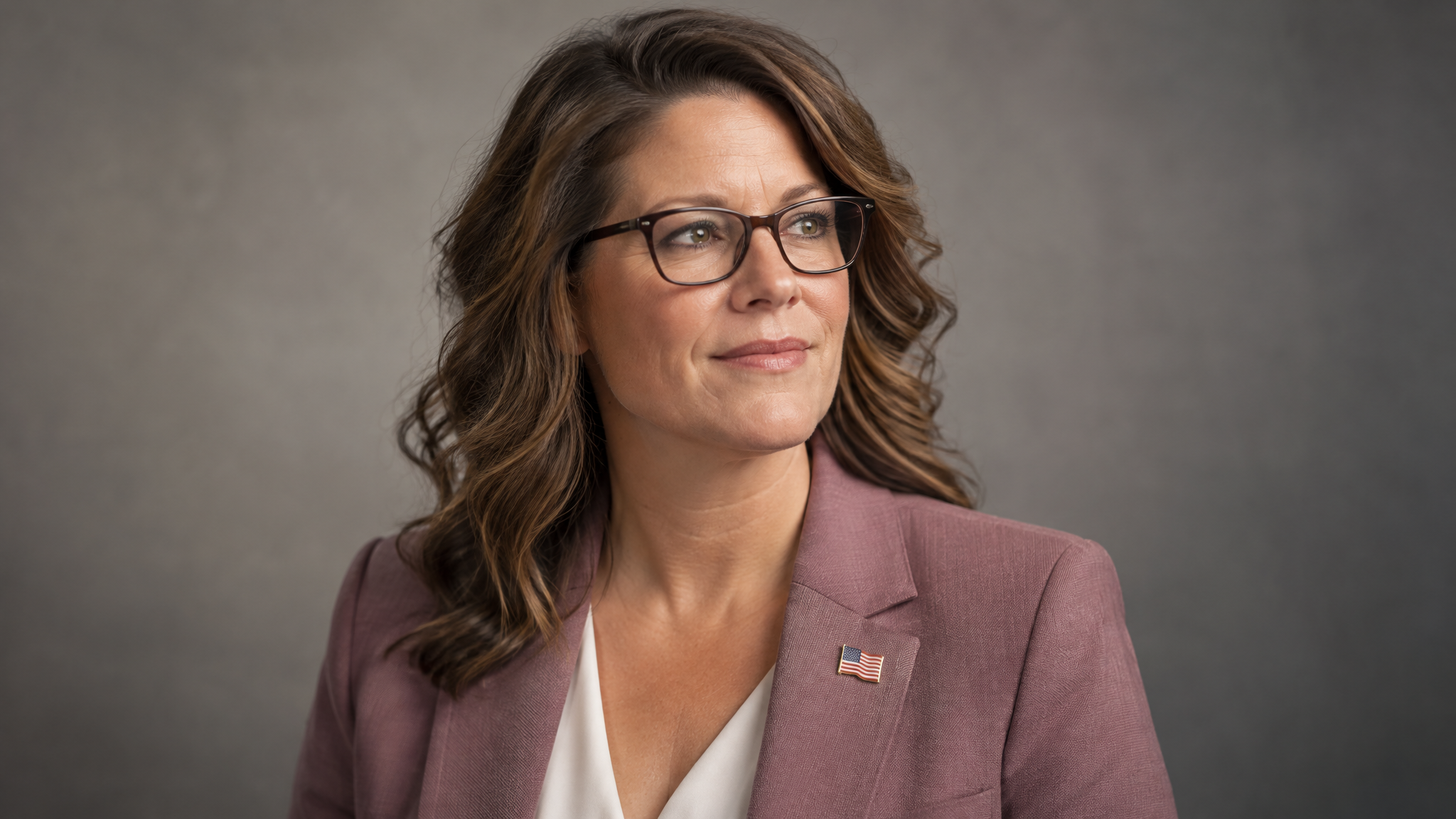 Woman veteran in her 40s wearing glasses and a mauve blazer with a flag lapel pin looking thoughtfully to the side in a studio portrait