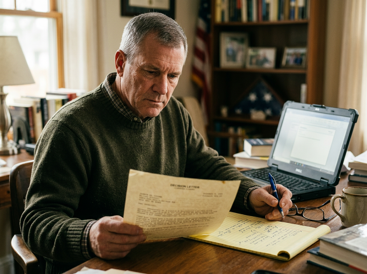 Veteran comparing an old VA decision letter with his notes