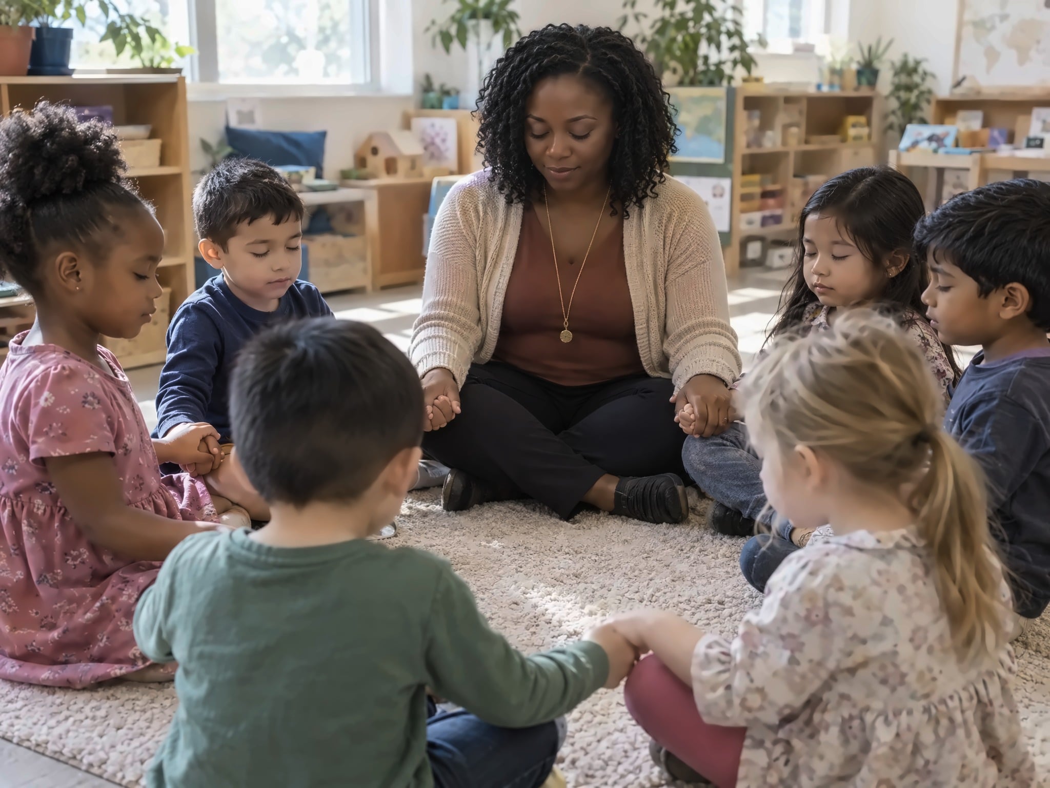 An African American teacher holding hands with preschoolers in a circle for a peaceful prayer moment