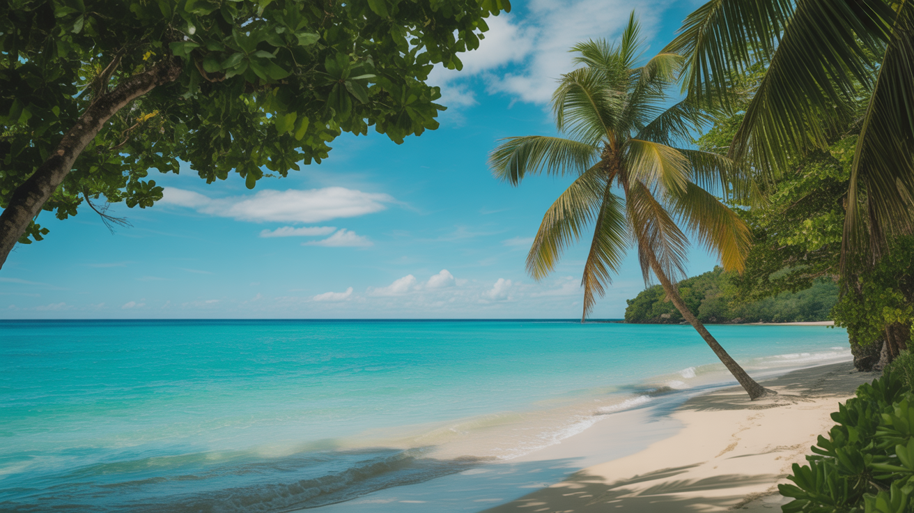 Beautiful Tobago beach landscape with palm trees and turquoise Caribbean water