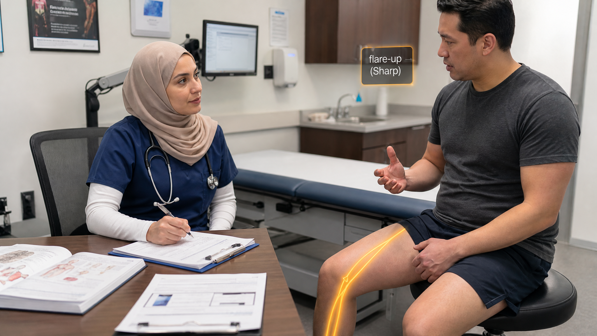 Middle-Eastern woman clinician in her 30s interviewing and writing during a flare-up history discussion with a patient, warm amber femoral-nerve glow with a flare-up Sharp label