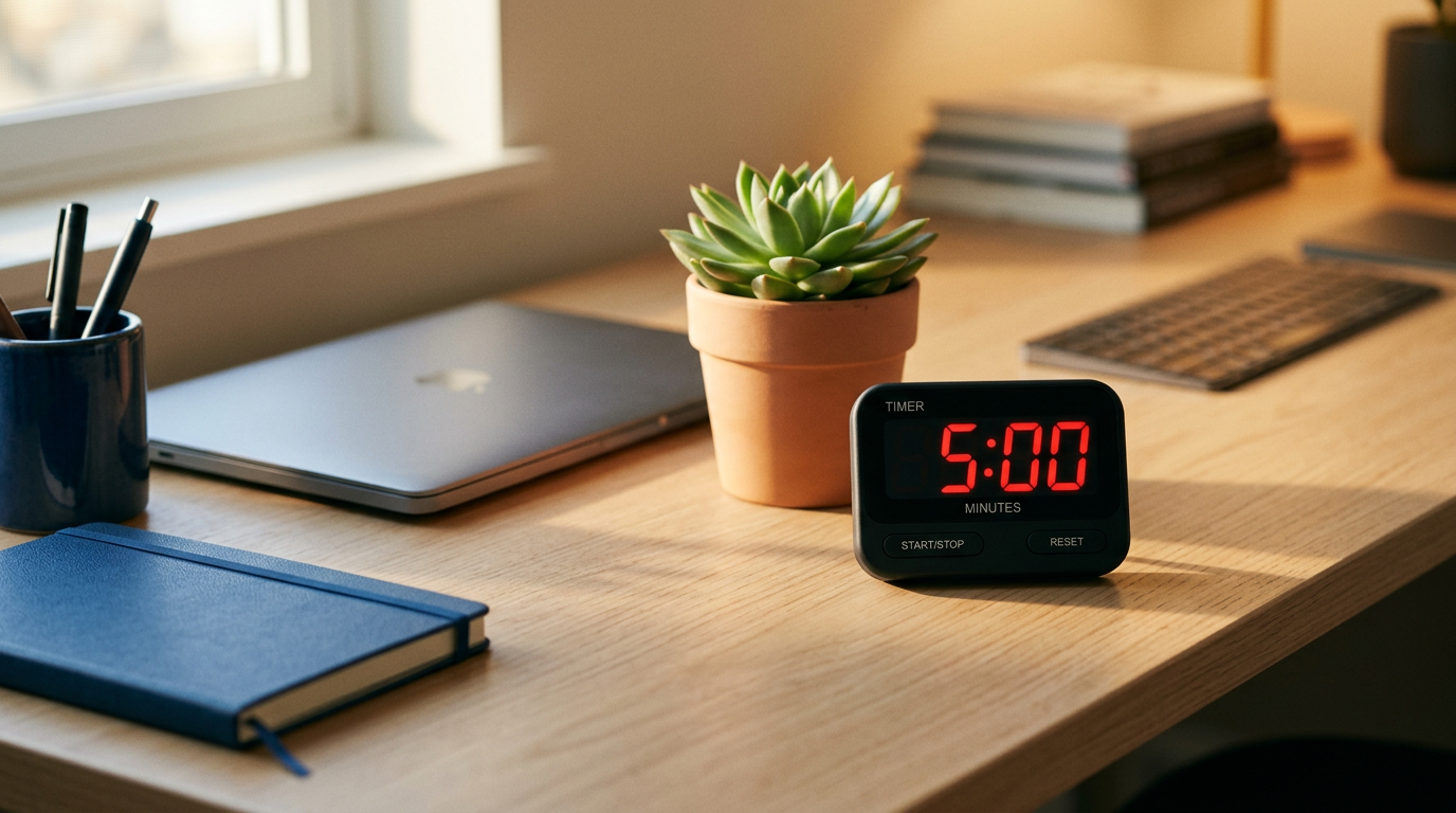 Timer de 5 minutos na mesa representando micro-pausas estruturadas
