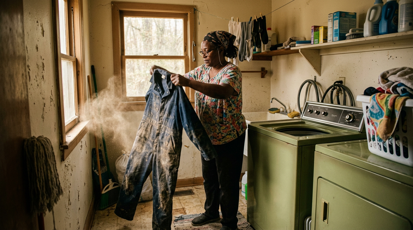 A woman shaking out dusty work coveralls in a small laundry room
