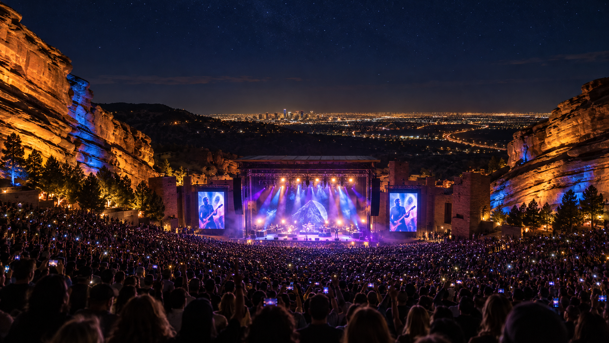 Red Rocks Amphitheatre lit up at night during a live concert, stage and rock formations glowing