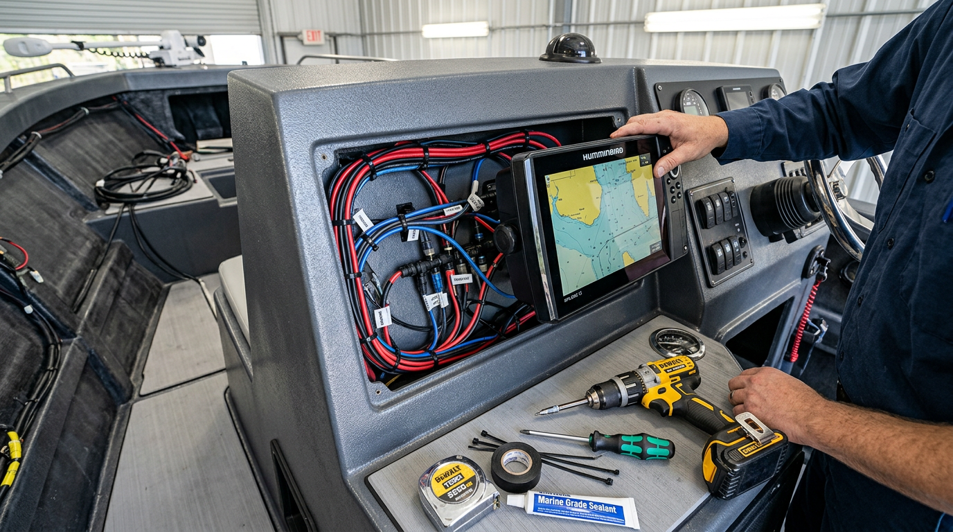 Humminbird XPLORE 12-inch fish finder being installed into a boat dashboard cutout with cable routing visible behind the console