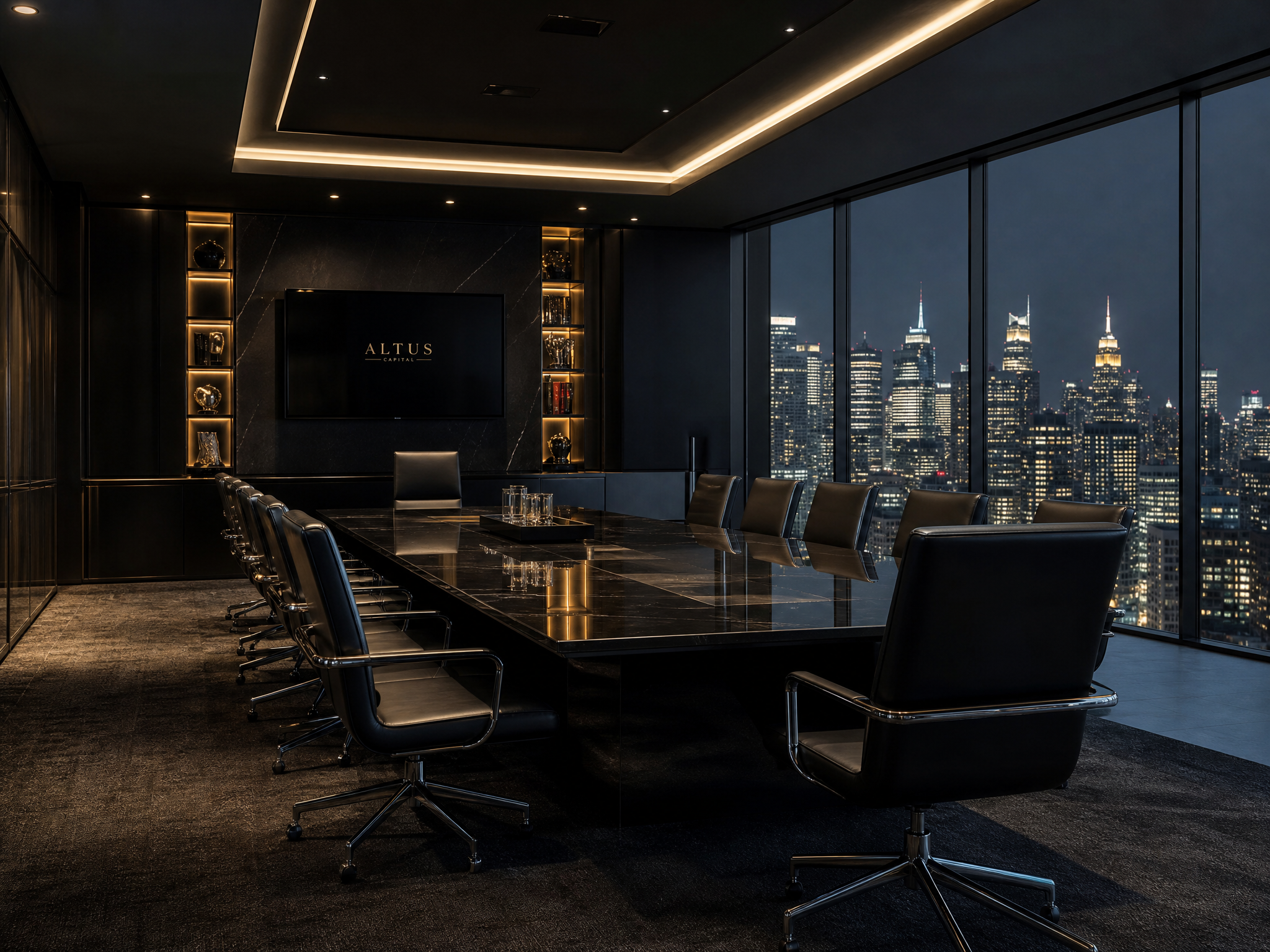 Elegant dark corporate boardroom with golden accents