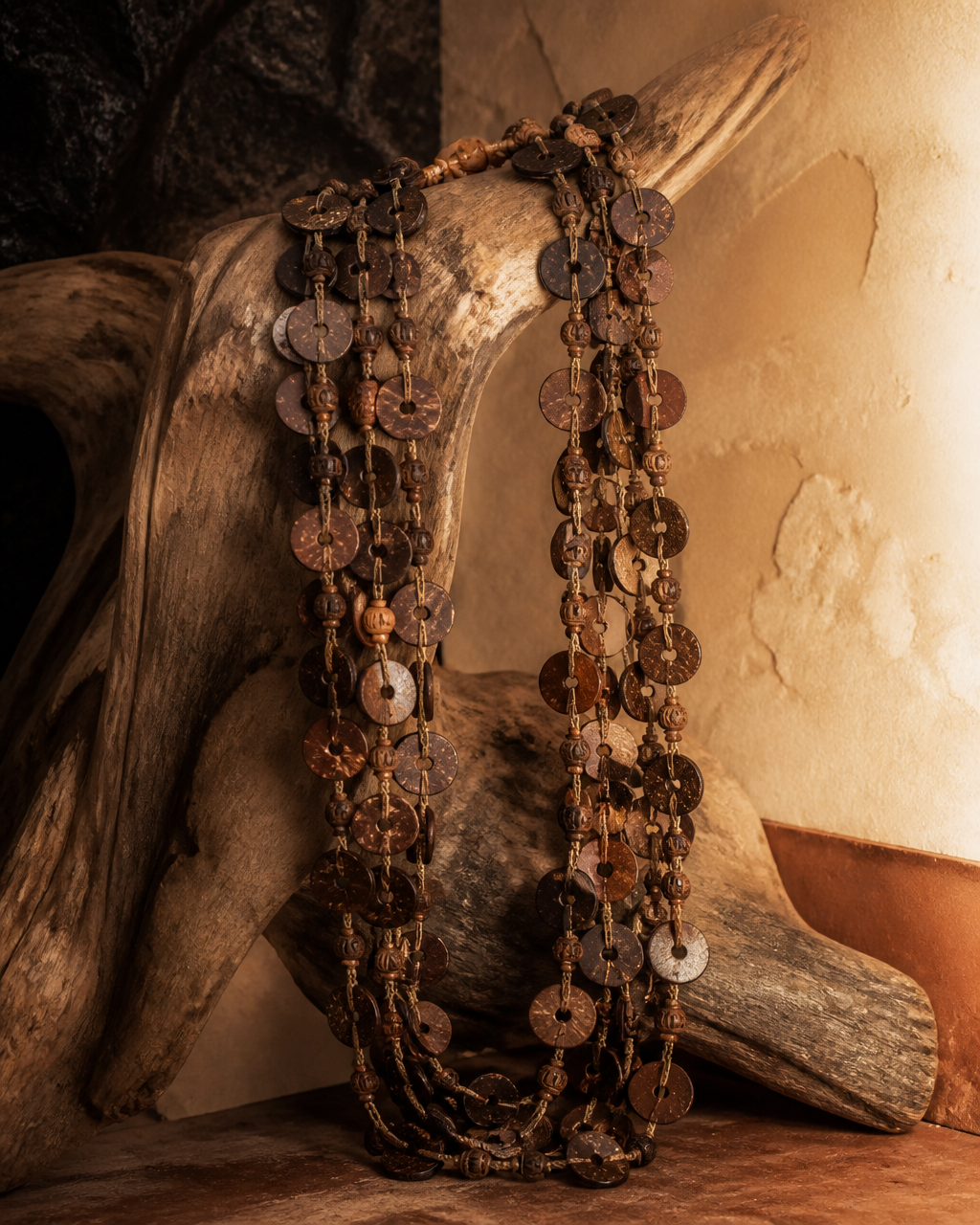 The Palawan Strand, coconut shell disc and wooden bead necklace