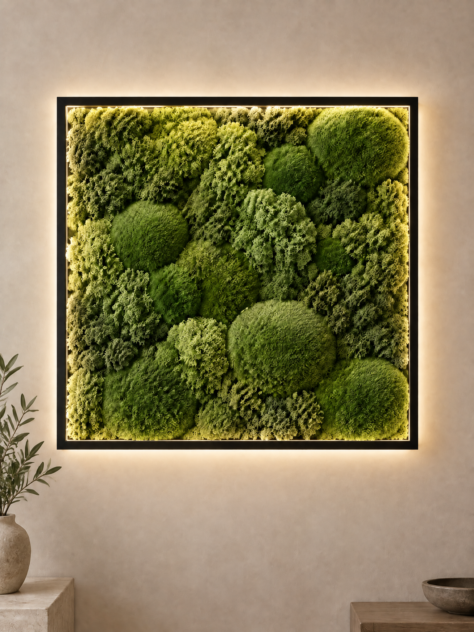 The same framed preserved green moss art with a clean warm-white glow switched on