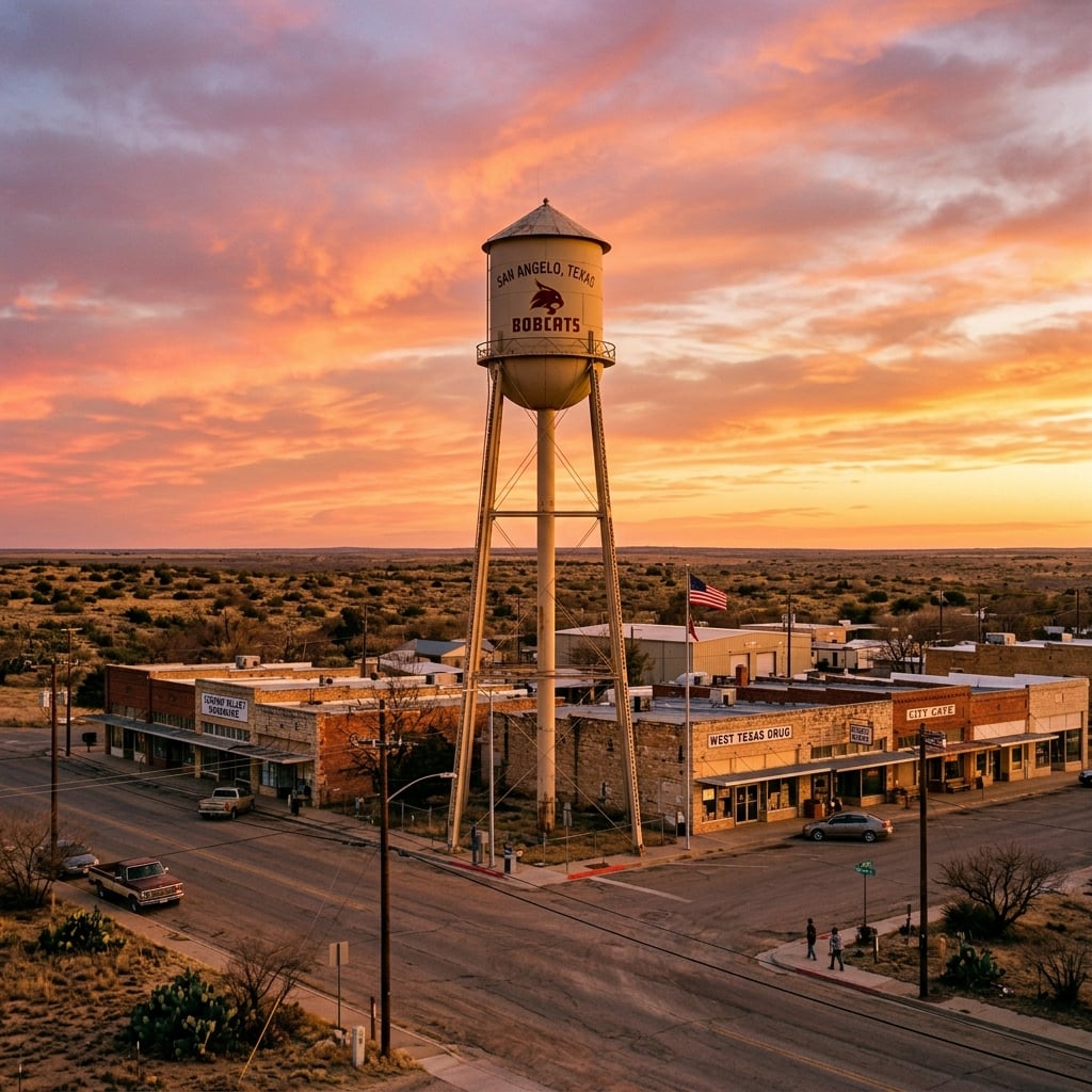 West Texas small town water tower near San Angelo at golden hour sunset
