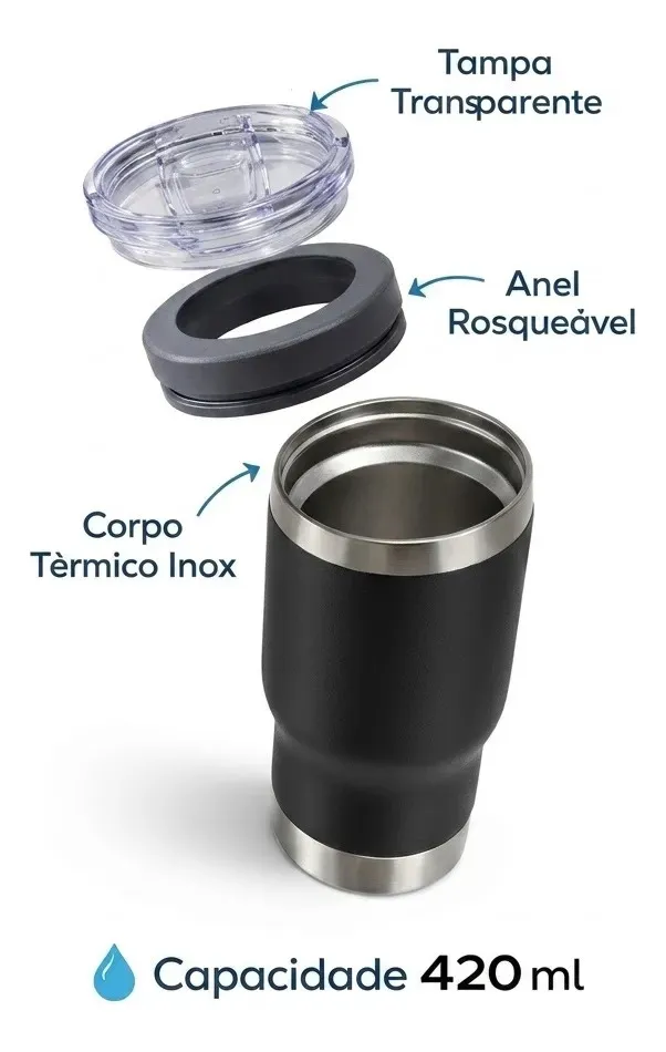 Copo Case Térmico 420ml — tampa transparente, anel rosqueável e corpo térmico inox