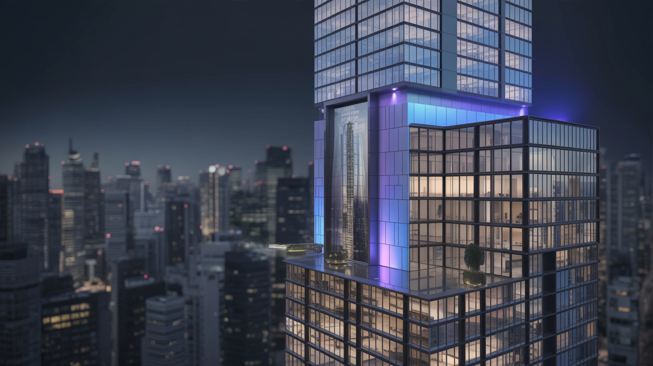 Edificio moderno de lujo con iluminación azul
