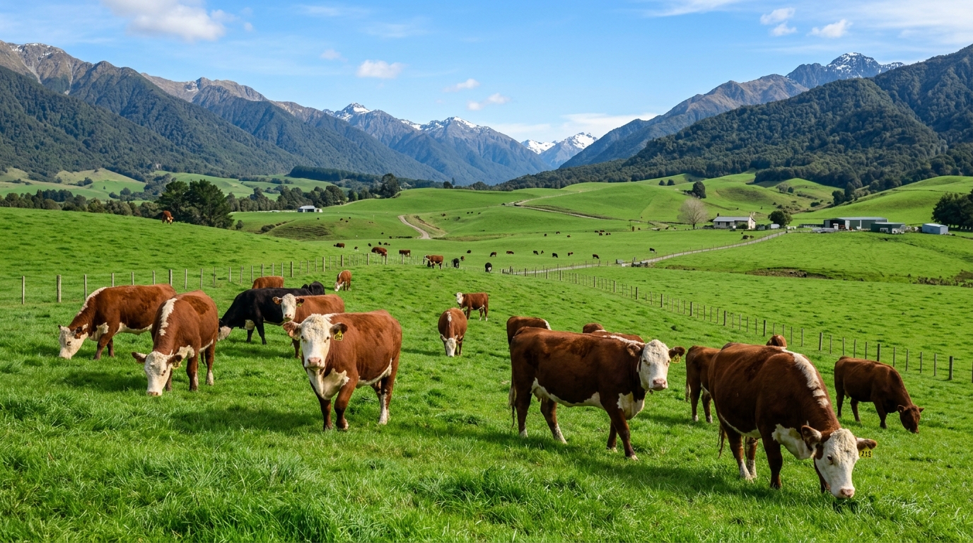 New Zealand grass-fed cattle grazing on pristine green pastures