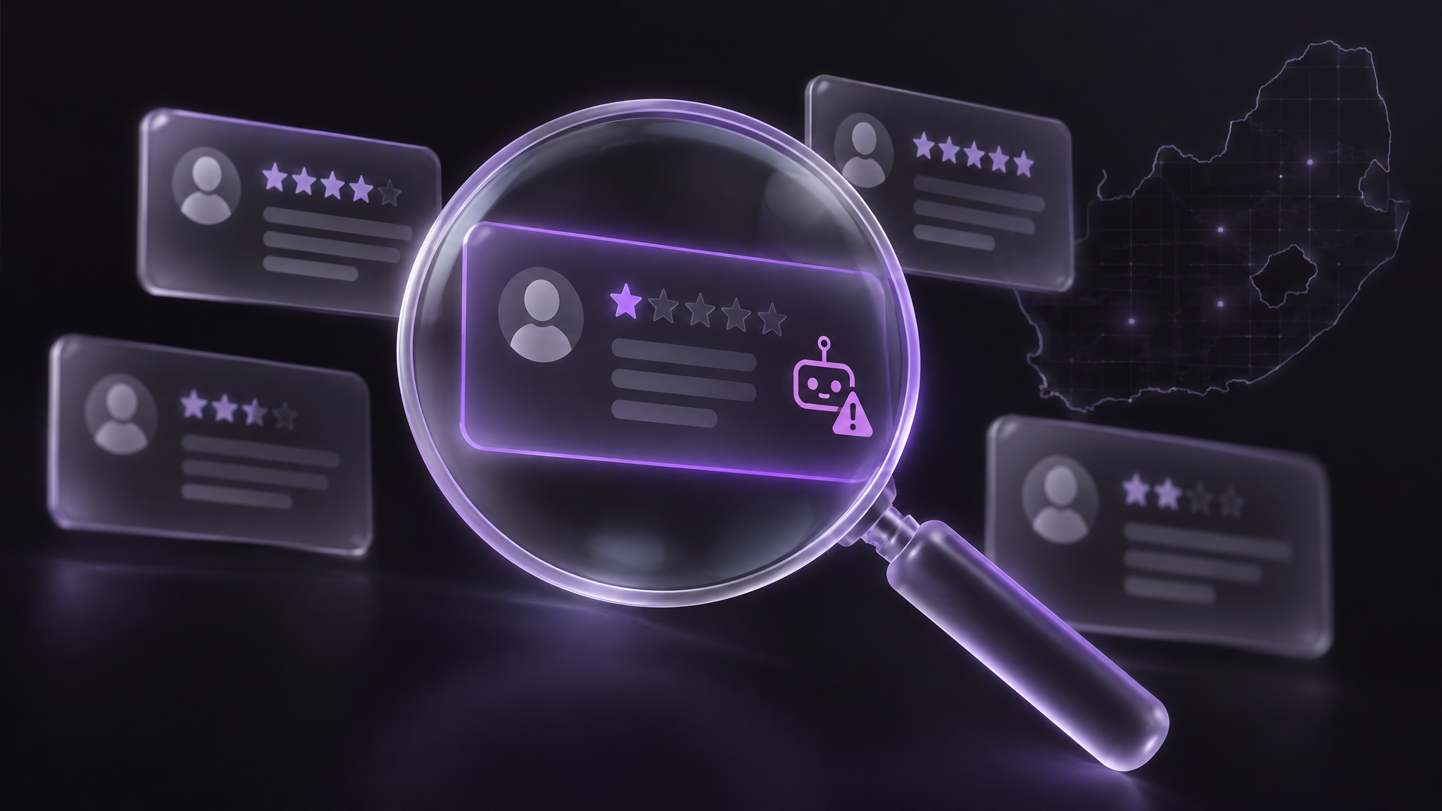 A frosted glass magnifying glass hovering over several review cards with one flagged as a suspicious bot account, floating in the dark against a faint South African map grid