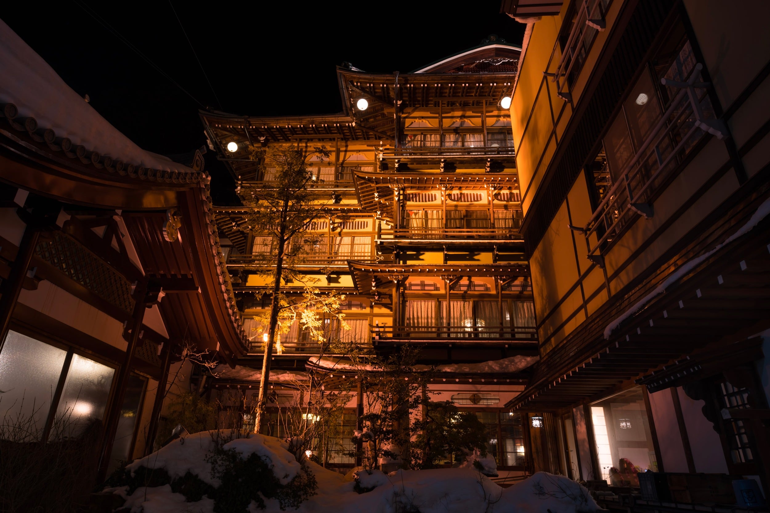 Historic Shibu Onsen town lit up at night in winter