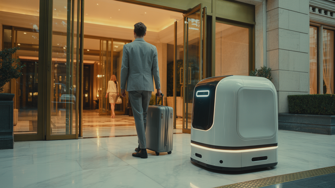 Guest arriving at hotel entrance with luggage robot